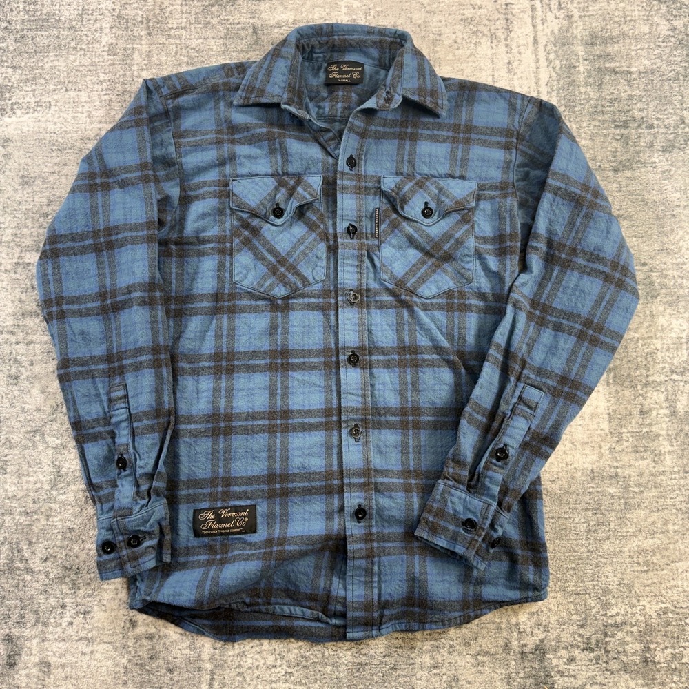 Vermont Flannel Company Shirt Mens XS Blue Black Plaid USA Made Pockets Chore